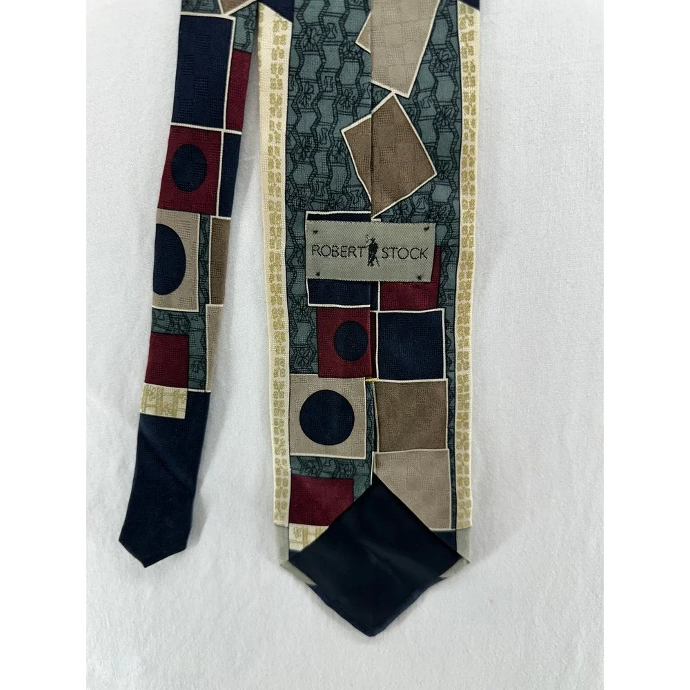 Robert Stock Mens Silk Tie Vintage Geometric Patchwork Abstract‎ Navy Burgundy